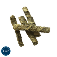 Growler & Prowler Salmon Skin Rolls: Air-dried salmon skin treats rolled into a spiral shape.